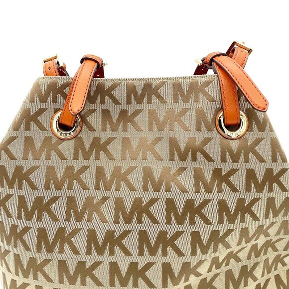 NEW MICHAEL Michael Kors Beige Tan Orange Signature Canvas & Leather Tote Large - Picture 8 of 16